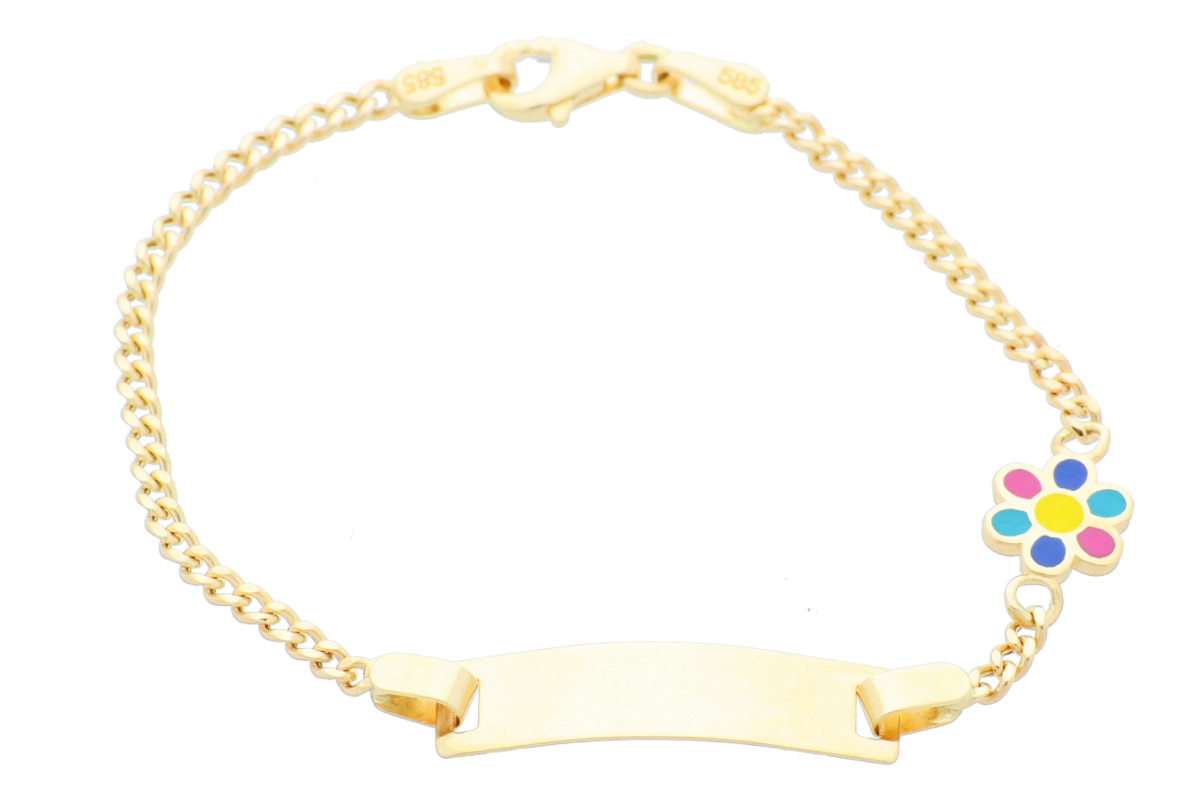 Bijuterii aur online - Bratari copii din aur 14K galben floricica email colorat cu placuta