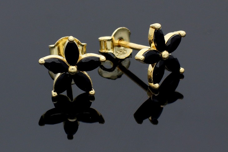 Bijuterii din aur - Cercei cu surub dama aur 14K galben cristale zirconia negre