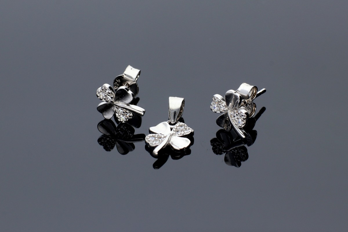 Set bijuterii argint cercei pandant trifoias cristale zirconia