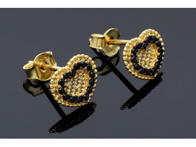 Bijuterii aur - Cercei cu surub dama aur 14K galben inimioara contur cristale zirconia negre