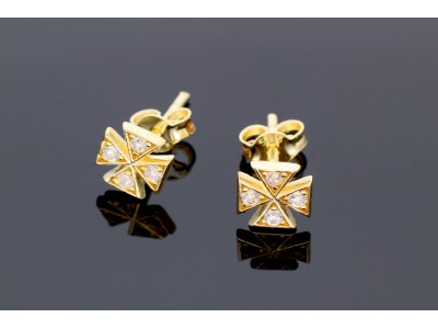 Bijuterii aur - Cercei cu surub din aur 14K galben model cruce malteza cristale zirconia albe
