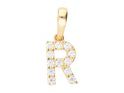 Bijuterii aur - Medalion din aur 14K galben litera R cristale zirconia albe