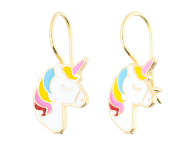Bijuterii aur online - Cercei copii din aur 14K galben unicorn email colorat