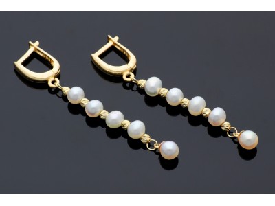 Bijuterii aur online - Cercei cu sirag de perle si bilute din aur 14K galben