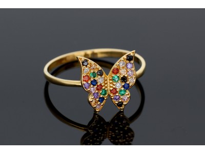 Bijuterii aur online - Inel dama din aur 14K galben fluturas zirconii colorate