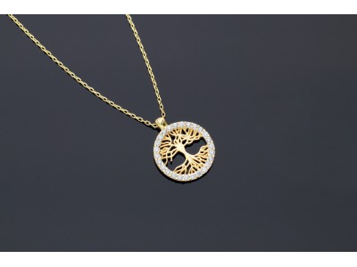 Bijuterii aur online - Lantisor cu pandantiv dama aur 14K galben pomisorul vietii cristale zirconia