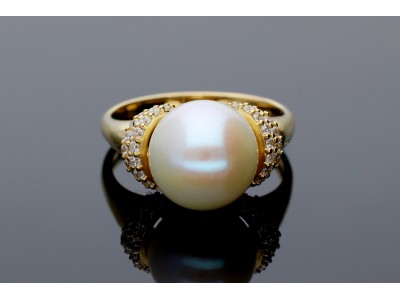 Inel din aur 14K galben perla cristale albe zirconia